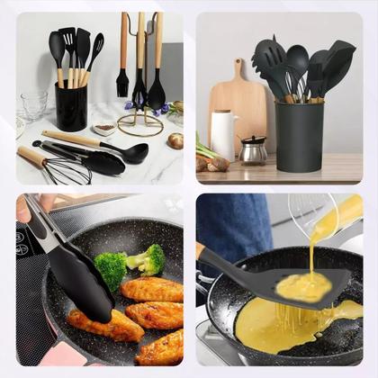 Imagem de Jogo Kit Com 12 Peças Utensílios De Cozinha Colheres Espatulas Pegador Silicone Copo Suporte