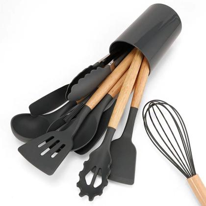 Imagem de Jogo Kit Com 12 Peças Utensílios De Cozinha Colheres Espatulas Pegador Silicone Copo Suporte