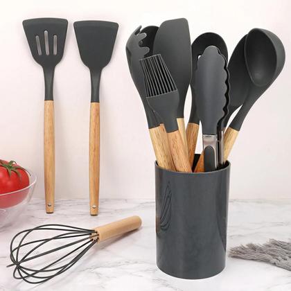 Imagem de Jogo Kit Com 12 Peças Utensílios De Cozinha Colheres Espatulas Pegador Silicone Copo Suporte