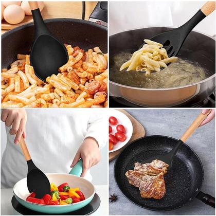 Imagem de Jogo Kit Com 12 Peças Utensílios De Cozinha Colheres Espatulas Pegador Silicone Copo Suporte