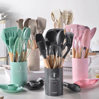 Imagem de Jogo Kit Com 12 Peças Utensílios De Cozinha Colheres Espatulas Pegador Silicone Copo Suporte