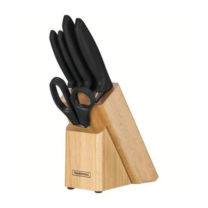 Imagem de Jogo Kit Conjunto de Facas Tramontina Plenus 6 Peças  Inox com Suporte de Madeira e Cabos em Polipropileno