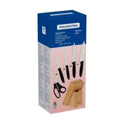 Imagem de Jogo Kit Conjunto de Facas Tramontina Plenus 6 Peças  Inox com Suporte de Madeira e Cabos em Polipropileno