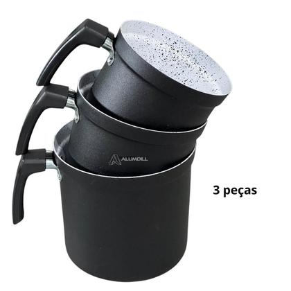 Imagem de Jogo Kit Conjunto de Leiteira Ceramica Fervedor Canecao Copo Extra Reforçado 3 peças em Aluminio Preto com Branco