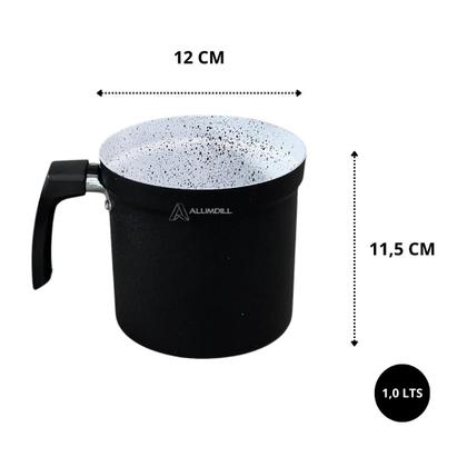 Imagem de Jogo Kit Conjunto de Leiteira Ceramica Fervedor Canecao Copo Extra Reforçado 3 peças em Aluminio Preto com Branco