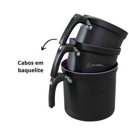 Imagem de Jogo Kit Conjunto de Leiteira Ceramica Fervedor Canecao Copo Extra Reforçado 3 peças em Aluminio Preto com Branco