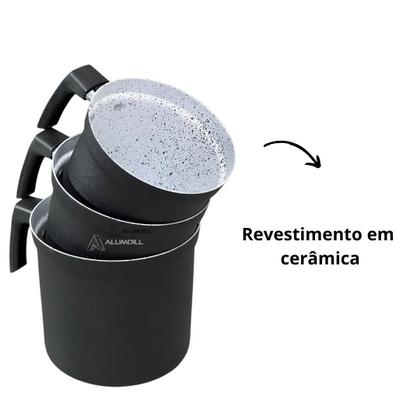Imagem de Jogo Kit Conjunto de Leiteira Ceramica Fervedor Canecao Copo Extra Reforçado 3 peças em Aluminio Preto com Branco