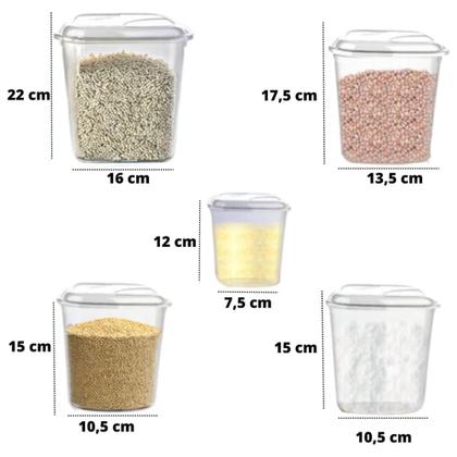 Imagem de Jogo Kit de 5 Potes Quadrado Transparente Arroz, Feijão, Açúcar, Café e Farinha - UninJet
