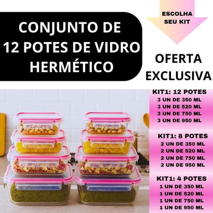 Imagem de Jogo Kit de até 12 Potes Vidro Hermético 4 Travas Marmita Vidro, anel de vedação premium