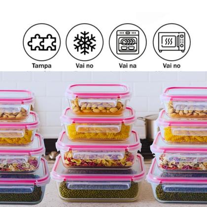 Imagem de Jogo Kit de até 12 Potes Vidro Hermético 4 Travas Marmita Vidro, anel de vedação premium