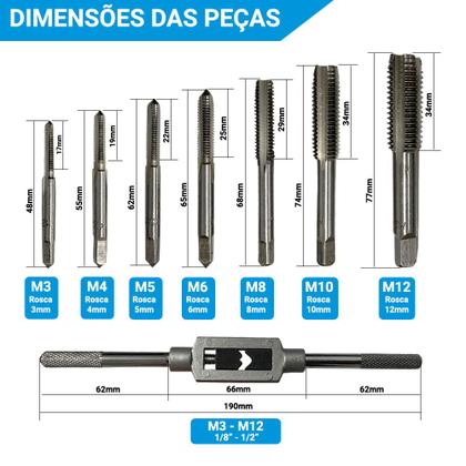 Imagem de Jogo Kit de Macho com Vira-Macho Manual com 8 Peças de M3 a M12 Profissional 