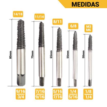 Imagem de Jogo Kit Extrator Saca Parafuso Quebrado Espanado 5 Peças 3 a 18mm Profissional Danificado Aço