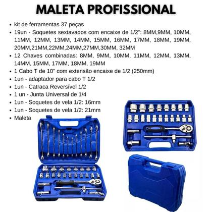 Imagem de Jogo Kit Ferramentas 37 Peças Soquetes 8 A 32mm Chave combinada Profissional Cromo Vanádio