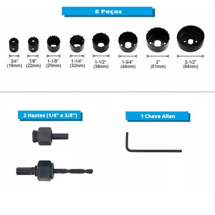 Imagem de Jogo Kit Serra Copo Para Madeira Corpo em Aço Carbono 19 a 64mm 8 Peças Profissional MTX Com Estojo
