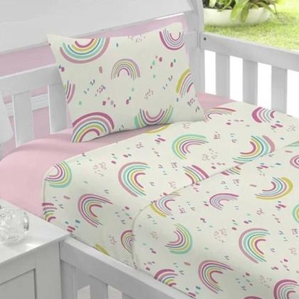 Imagem de Jogo Lençol Berço Bebe Algodao Egipcio Malha Soft Rainbow Rosa