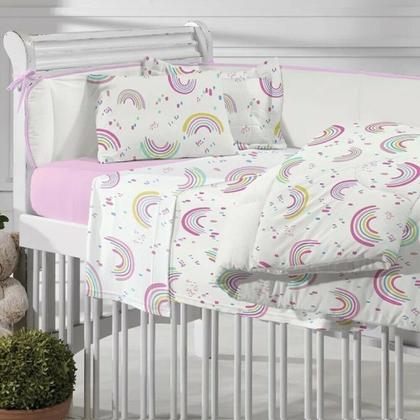 Imagem de Jogo Lençol Berço Bebe Algodao Egipcio Malha Soft Rainbow Rosa