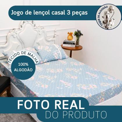 Imagem de Jogo Lençol Casal Estampado Elástico Malha 100% Algodão