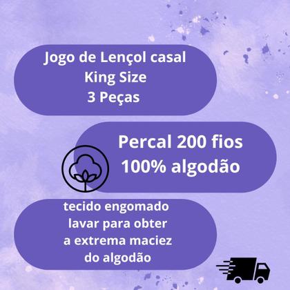 Imagem de Jogo Lençol Casal King Size 3 Peças 200 Fios 100% Algodão