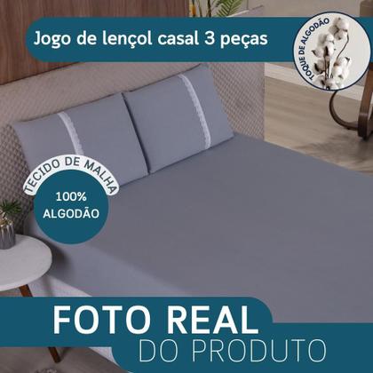 Imagem de Jogo Lençol Casal Liso Elástico Malha 100% Algodão