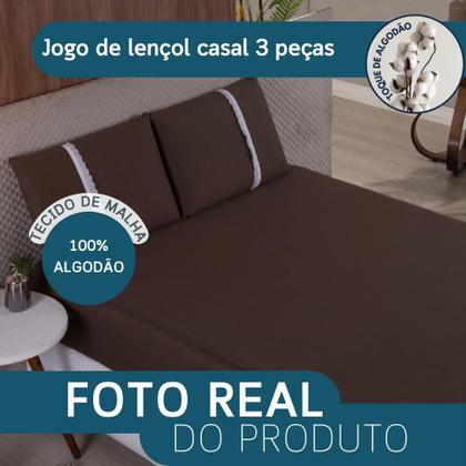 Imagem de Jogo Lençol Casal Liso Elástico Malha 100% Algodão