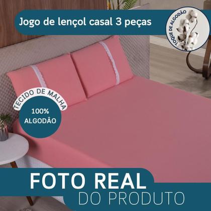 Imagem de Jogo Lençol Casal Liso Elástico Malha 100% Algodão