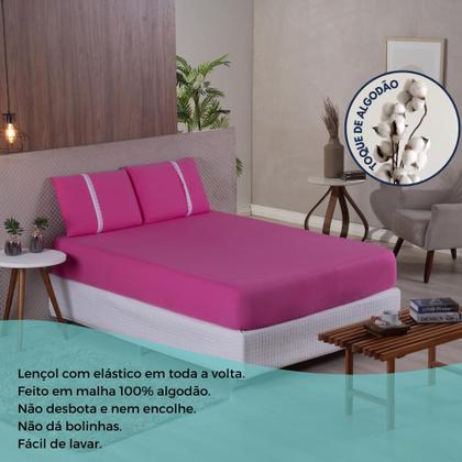 Imagem de Jogo Lençol Casal Liso Elástico Malha 100% Algodão