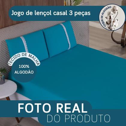 Imagem de Jogo Lençol Casal Liso Elástico Malha 100% Algodão
