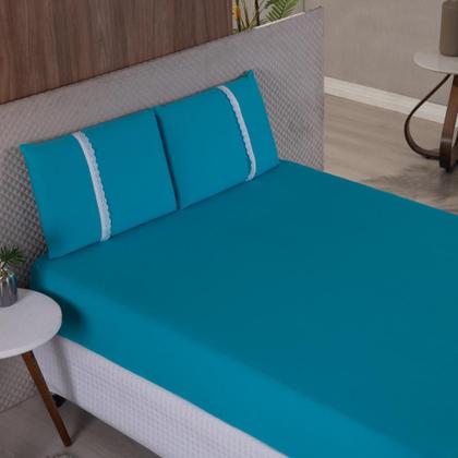 Imagem de Jogo Lençol Casal Liso Elástico Malha 100% Algodão