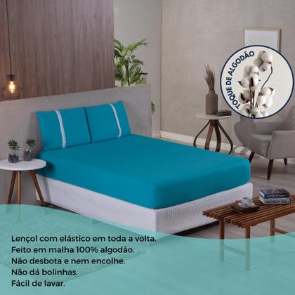 Imagem de Jogo Lençol Casal Liso Elástico Malha 100% Algodão