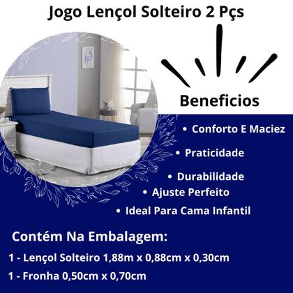 Imagem de Jogo Lençol Roupa Cama Box Solteiro 2 Pçs Infantil Fronha Elastico Quarto Criança Macio Menino Azul Marinho