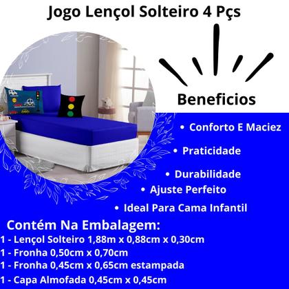 Imagem de Jogo Lençol Roupa Cama Elastico Solteiro 4 Pçs Fronha Quarto Menino Carros Carrinhos Azul Simples Basico