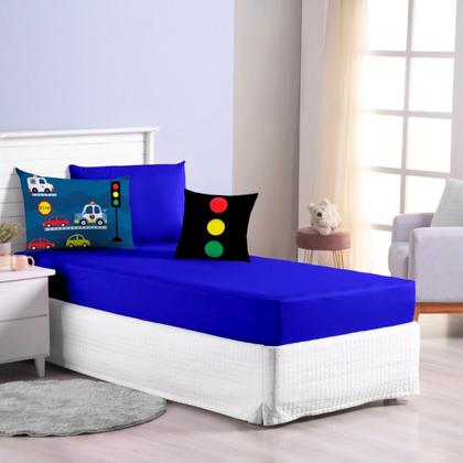 Imagem de Jogo Lençol Roupa Cama Elastico Solteiro 4 Pçs Fronha Quarto Menino Carros Carrinhos Azul Simples Basico