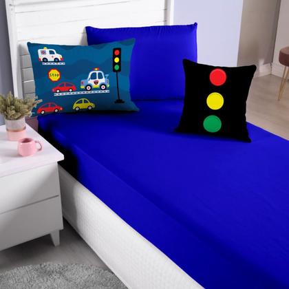 Imagem de Jogo Lençol Roupa Cama Elastico Solteiro 4 Pçs Fronha Quarto Menino Carros Carrinhos Azul Simples Basico
