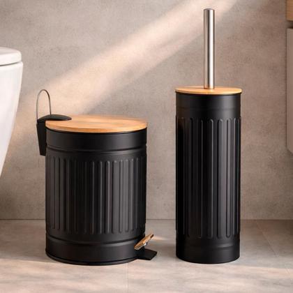 Imagem de Jogo Lixeira 3 Litros Bambu Escova Sanitária Lavabo Higiene