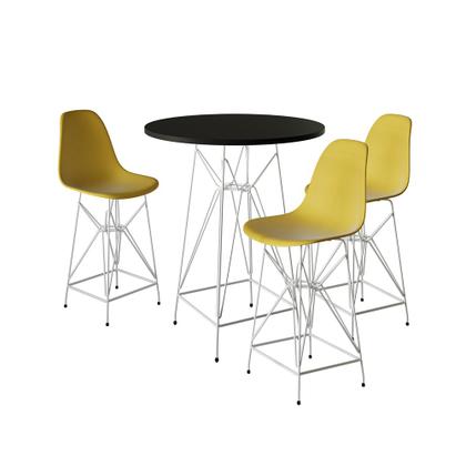 Imagem de Jogo Mesa Bistrô Eames Preta 60cm 3 Banquetas Amarela Base Ferro Branco