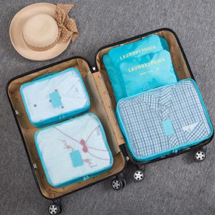 Imagem de Jogo organizador de malas 6 peças azul kit bolsa viagem necessaire porta roupas sapato calcinha biquini acessorios ziper