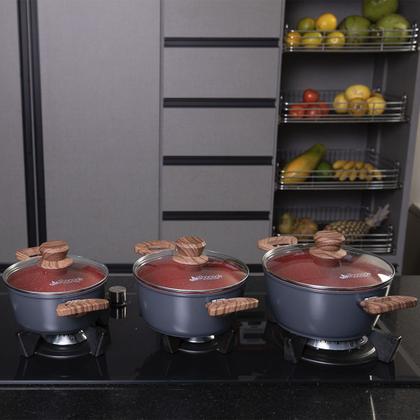 Imagem de Jogo Panela 2 Caçarola Antiaderente Cerâmica N16 N20 Red Marble Indução Fogão Cooktop Vermelho Duralar