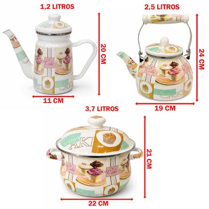 Imagem de Jogo Panela Caçarola Bule Chaleira Esmaltada Cake Kit 3pçs