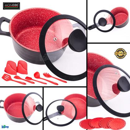 Imagem de Jogo Panela Ceramica Antiaderente Grossa Moncoc DLucca Luciano Zsafir 21pç Preto e Vermelho Premium Kit Utensilios Silicone