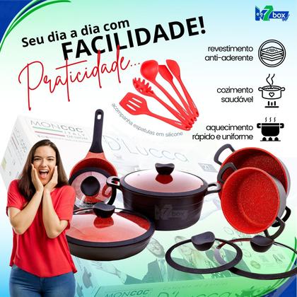 Imagem de Jogo Panela Ceramica Antiaderente Grossa Moncoc DLucca Luciano Zsafir 21pç Preto e Vermelho Premium Kit Utensilios Silicone