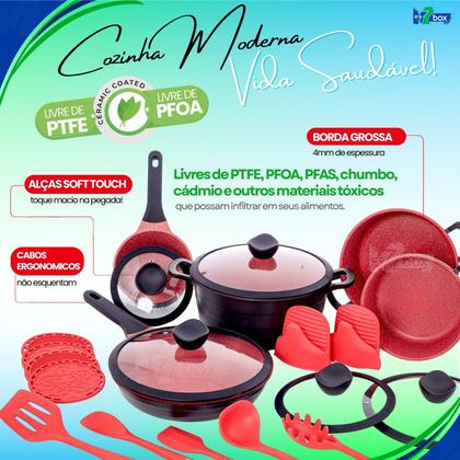Imagem de Jogo Panela Ceramica Antiaderente Grossa Moncoc DLucca Luciano Zsafir 21pç Preto e Vermelho Premium Kit Utensilios Silicone