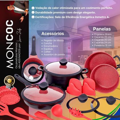 Imagem de Jogo Panela Ceramica Antiaderente Grossa Moncoc DLucca Luciano Zsafir 21pç Preto e Vermelho Premium Kit Utensilios Silicone