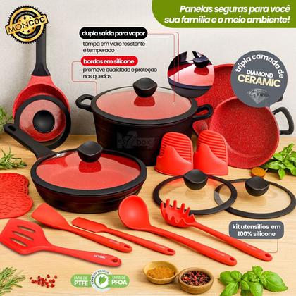 Imagem de Jogo Panela Ceramica Antiaderente Grossa Moncoc DLucca Luciano Zsafir 21pç Preto e Vermelho Premium Kit Utensilios Silicone