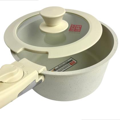 Imagem de Jogo Panelas Antiaderente Off White Cabo Removível Com Fundo Triplo e Revestimento Mármore 6 Peças