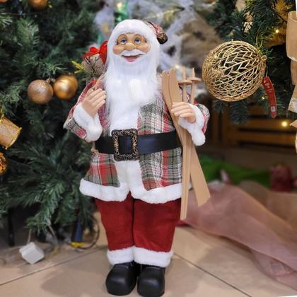 Imagem de Jogo Papai Noel Decor Casaco Xadrez Em pé e Sentado Saco de Presentes e Ski 60cm e 45cm - Bela Flor