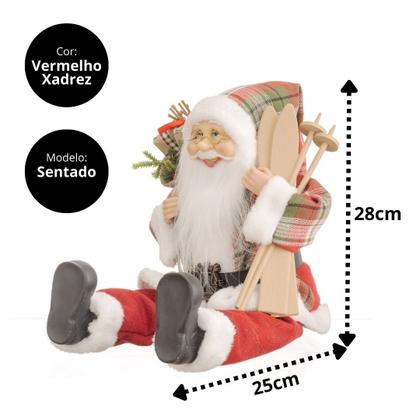 Imagem de Jogo Papai Noel Decor Casaco Xadrez Em pé e Sentado Saco de Presentes e Ski 60cm e 45cm - Bela Flor