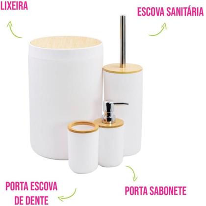 Imagem de Jogo Para Banheiro Lavabo Com Lixeira + Escova Sanitaria + Porta Sabonete Liquido E Porta Escova De Dente, Tampa em Bamb