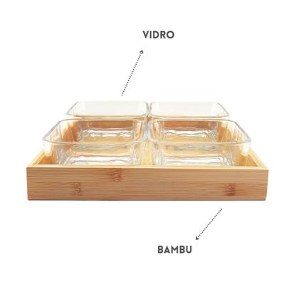 Imagem de Jogo Petisqueira 4 Potes Vidro Bandeja Bambu Tábua De Frios