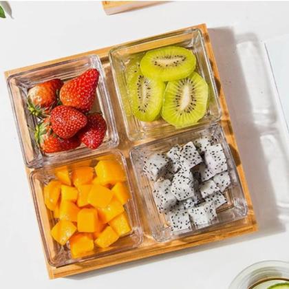 Imagem de Jogo Petisqueira 4 Potes Vidro Bandeja Bambu Tábua De Frios