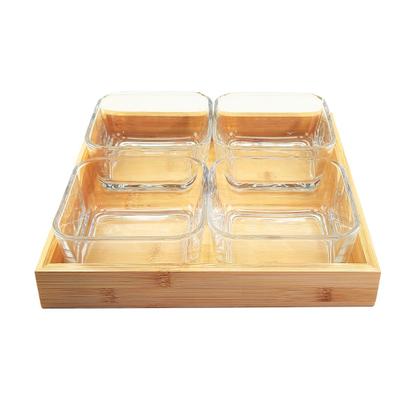 Imagem de Jogo Petisqueira 4 Potes Vidro Bandeja Bambu Tábua De Frios